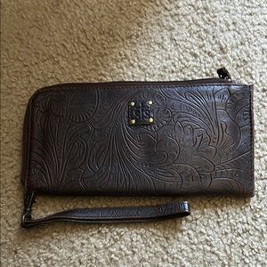 Brown Embossed Leather Wristlet